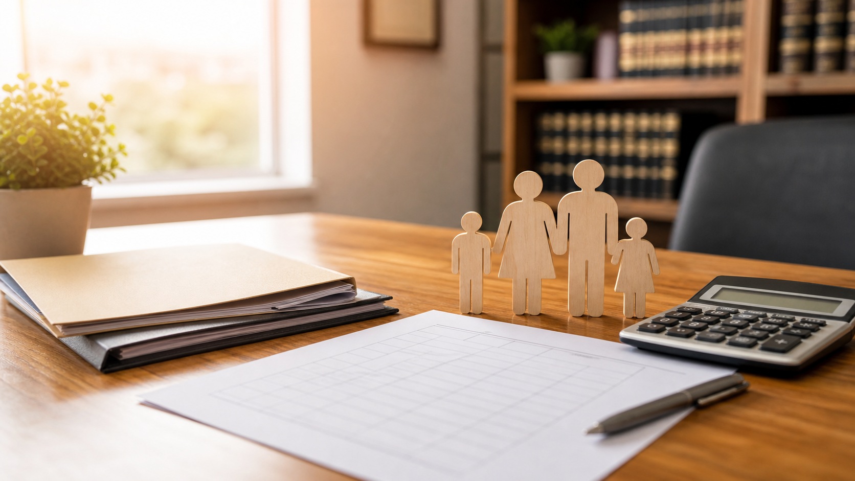 Photorealistic legal office scene for Beginner’s Guide to child support calculations in Civil and Family Law